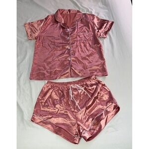SHEIN Pajama Set Women XL Rose Gold New Satin Short Sleeve Button Up Shorts